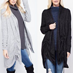 Black Soft Brushed Knit Drawstring Front Cardigan